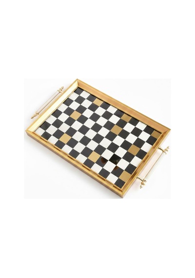 Dijital Baskılı Cam Servis Tepsisi Dama Motifli, Metal Kulplu 46x28 Cm Siyah