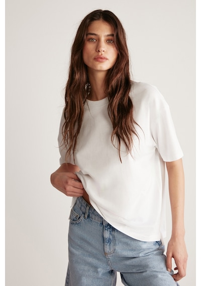 Grımelange Jemmy Kadın %100 Organik Pamuk Relaxed Fit Yırtmaçlı Yuvarlak Yakalı Beyaz T-shirt Beyaz