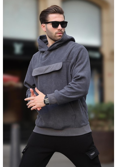 Madmext Füme Kapüşonlu Kapaklı Cep Detaylı Polar Erkek Sweatshirt 7097 Füme