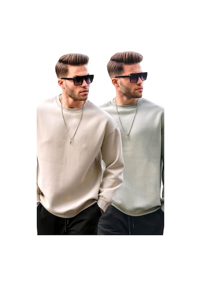 Madmext Bej/mintyeşili Bisiklet Yaka Oversize Şardonlu Basic Erkek 2'li Paket Sweatshirt E7447 Bej/mintyeşili