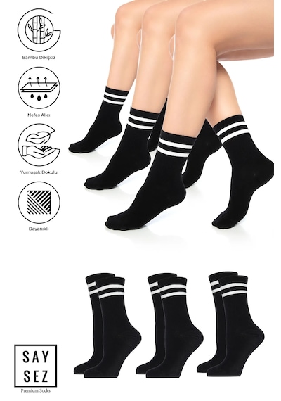 Saysez Bambu Unisex Tenis Kolej Çizgili Siyah Dikişsiz Soket Çorap 3'lü