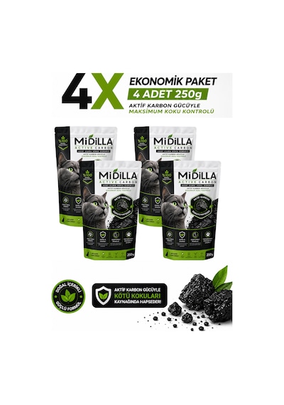 Midilla Active Carbon Kedi Kumu Koku Giderici 4 X 250 G %100 Gerçek Aktif Karbon Toplam 1.000 G