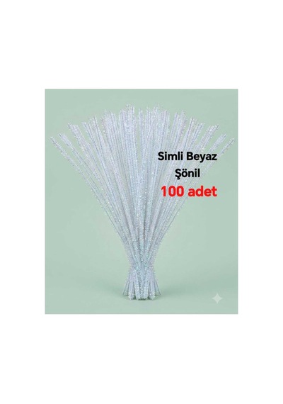 100 Adet Simli Beyaz Şönil, Çiçek Yapımına Uygun Tüylü Tel, 30 Cm 7-8 Mm
