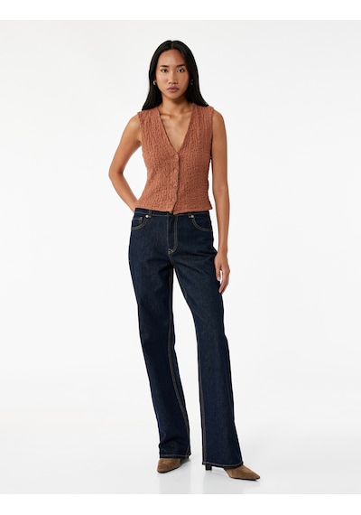 Koton Bürümcük Kumaş Slim Fit V Yaka Düğmeli Yelek Kahverengi 6wak30057ek Kahve