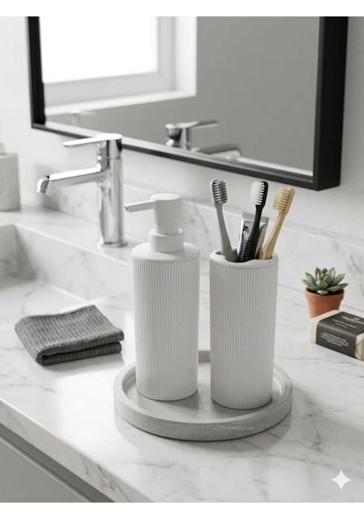 İndecor Houseware Liza Modern Sabunluk Ve Diş Fırçalık - 2'li Modern Banyo Seti - Beyaz -