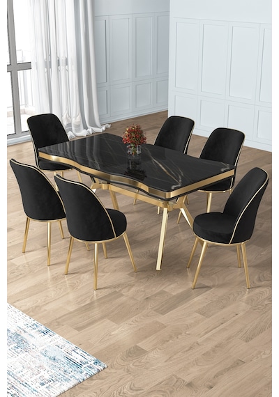 Canisa Prah Serisi 90x160 Lak Panel Sonata Gold Ayak Masa Takımı Ve 6 Siyah Sandalye Siyah Mermer Masa Siyah Sandalye Gold Detay Canisa Prah Serisi 90x160 Lak Panel Sonata Gold Ayak Masa Takımı Ve 6 Siyah Sandalye Siyah Mermer Masa Siyah Sandalye Gold Detay