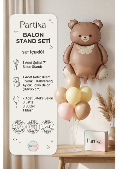 Retro Krem Fiyonklu Kahverengi Ayıcık Balon Stand Seti Şeffaf 7 Li Stand + Ayıcık Folyo Balon 89 65 Cm + 7 Lateks Balon