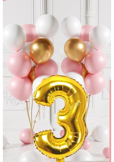 3 Yaş Retro Gold Pembe Beyaz Balon Seti Gold Rakamlı Doğum Günü Balonu Şık Parti Süsleme Çok Renkli