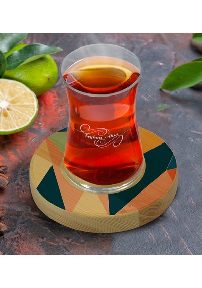 Kişiye Özel Modern Art Tasarımlı Doğal Ahşap Tabaklı Heybeli Çay Bardağı Model 8 Bitmeyen116017 Bk Gift Sarı