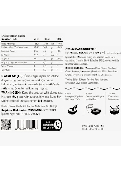 Mustang Nutrition Rice Up Pirinç Kreması 750 Gr 15 Servis Çikolata