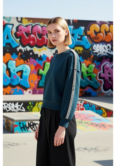 Benerly Kadın Bisiklet Yaka Düşük Kol Regular Sweatshirt Fonksiyonel Daya Petrol
