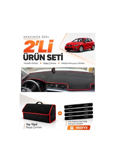 Seat Ibıza 2017-2021 Uyumlu Torpido Örtüsü + Tay Tüyü Bagaj Çantası + Sticker Seti - Siyah Kırmızı