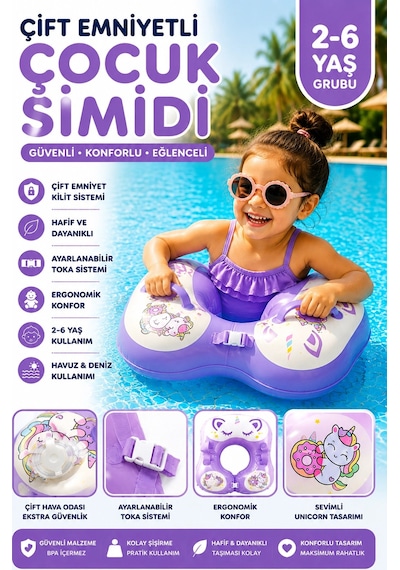 Toyflyer Unicorn Çocuk Yüzme Simidi Çift Tokalı Ayarlanabilir Mor 2-6 Yaş Ar009