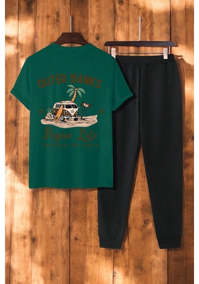 Uyguntarz Unisex Outer Banks Tasarım Basklı Tshirt Eşofman Takımı Yeşil