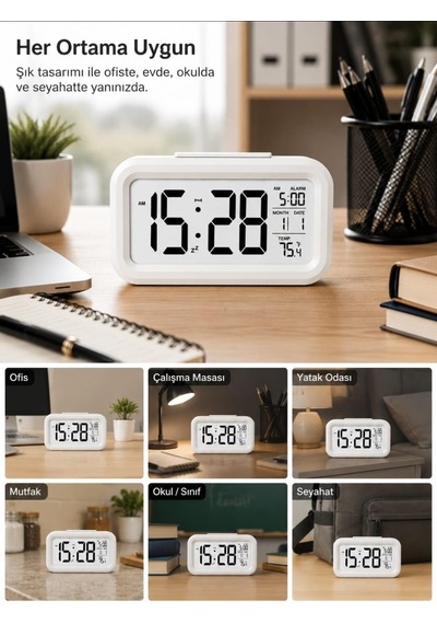 Dijital Masa Saati Büyük Led Ekranlı Alarm Özellikli Tarih Ve Sıcaklık Göstergeli Gece Işığı 12/24 Sa Diğer