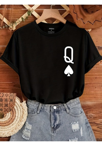 Uyguntarz Unisex Q Maça Kızı Baskılı Tasarım Tshirt Siyah