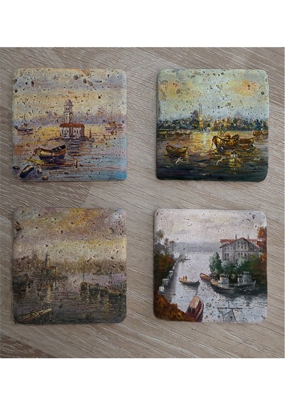 İstanbul Manzaraları Doğal Taş Bardak Altlığı 4'lü Set - Natural Stone Coasters-174276 Çok Renkli
