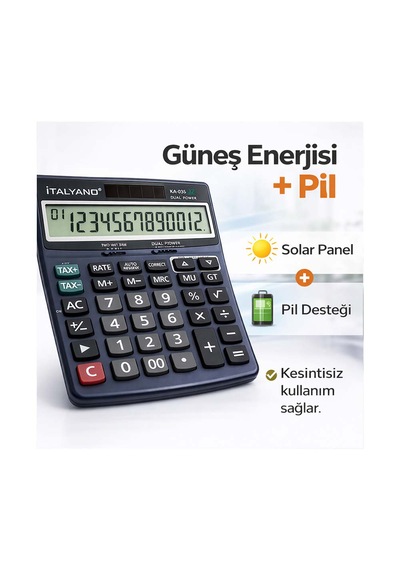 12 Haneli Lcd Ekran Fonksiyonlu Büyük Hesap Makinesi Çift Güçlü Güneş+pil Geriye 100 Adım Kontrol Lacivert