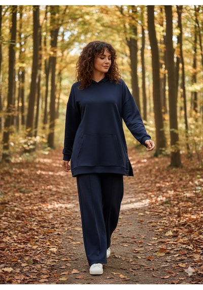 Soft&Basic Kapüşonlu Yanları Çıt Çıt Detaylı Sweatshirt Ve Nervürlü Pantolon Alt Üst Takım Lacivert