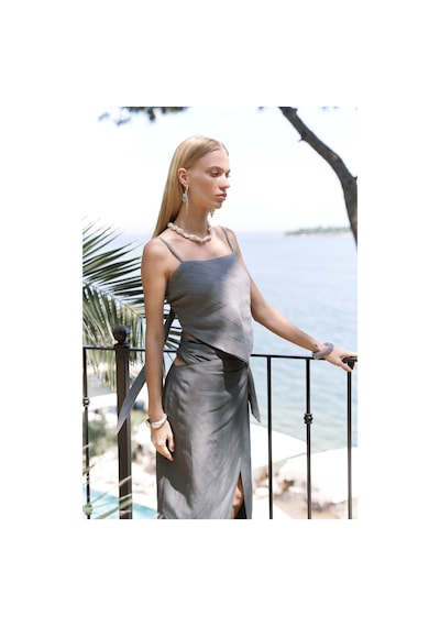 Mai Collection Mai Studios Co. Kita Üçgen Detay Çizgili Füme Keten Crop Füme