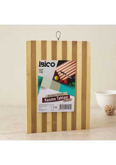Bambu Kesme Tahtası 20x30x1.3 Cm - Beyaz Çizgili Metal Kulplu Açık Ceviz