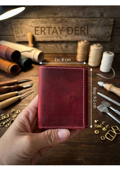 Ertay Deri % 100 Hakiki Deri El Yapımı Kırmızı Çok Bölmeli Cüzdan & Kartlık