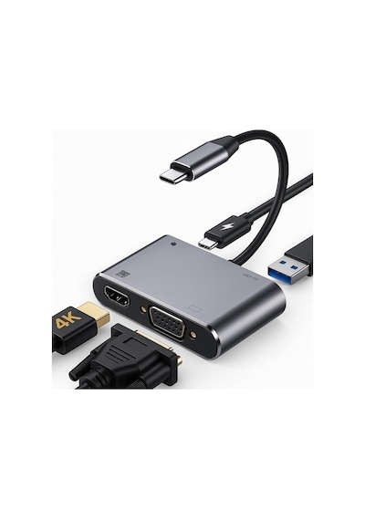 Kyrotech 4in1 Usb C Hdmı Vga Adaptörü, Usb C Hub, 4k Hdmı, 1080p Vga, Usb 3.0, Usb C Pd Şarj, Macbook Pro/air/ipad Pro 2018 / Dell Xps/samsung Uyumlu