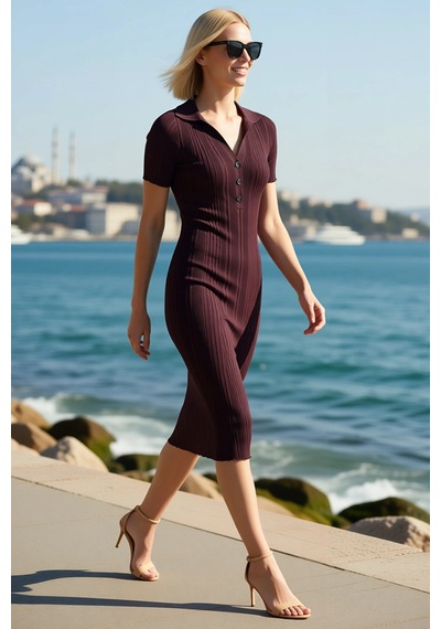 Benerly Kadın Polo Yaka Kısa Kollu Midi Elbise Triko Kumaş Bodycon Kesim Mürdüm