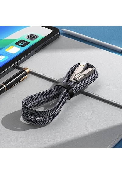 Pdateknoloji AZ-B10TH 2 İn 2 65 W USB Type-C Ve Lightning Örgülü Şarj Ve Data Kablosu 1.5 M Siyah