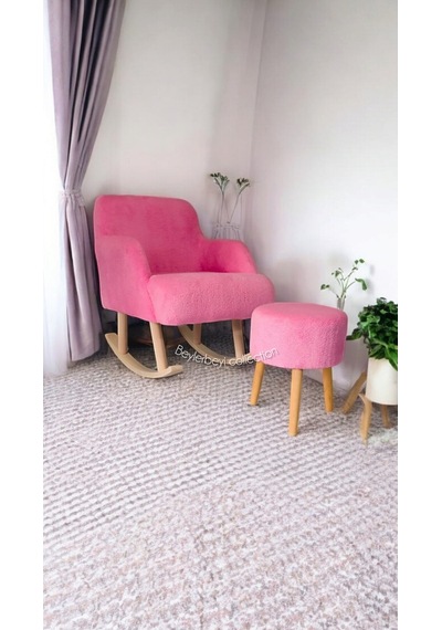 Sallanan Ahşap Ayaklı , Pembe. Rengi Berjer Koltuk - Puf Hediyeli Pembe