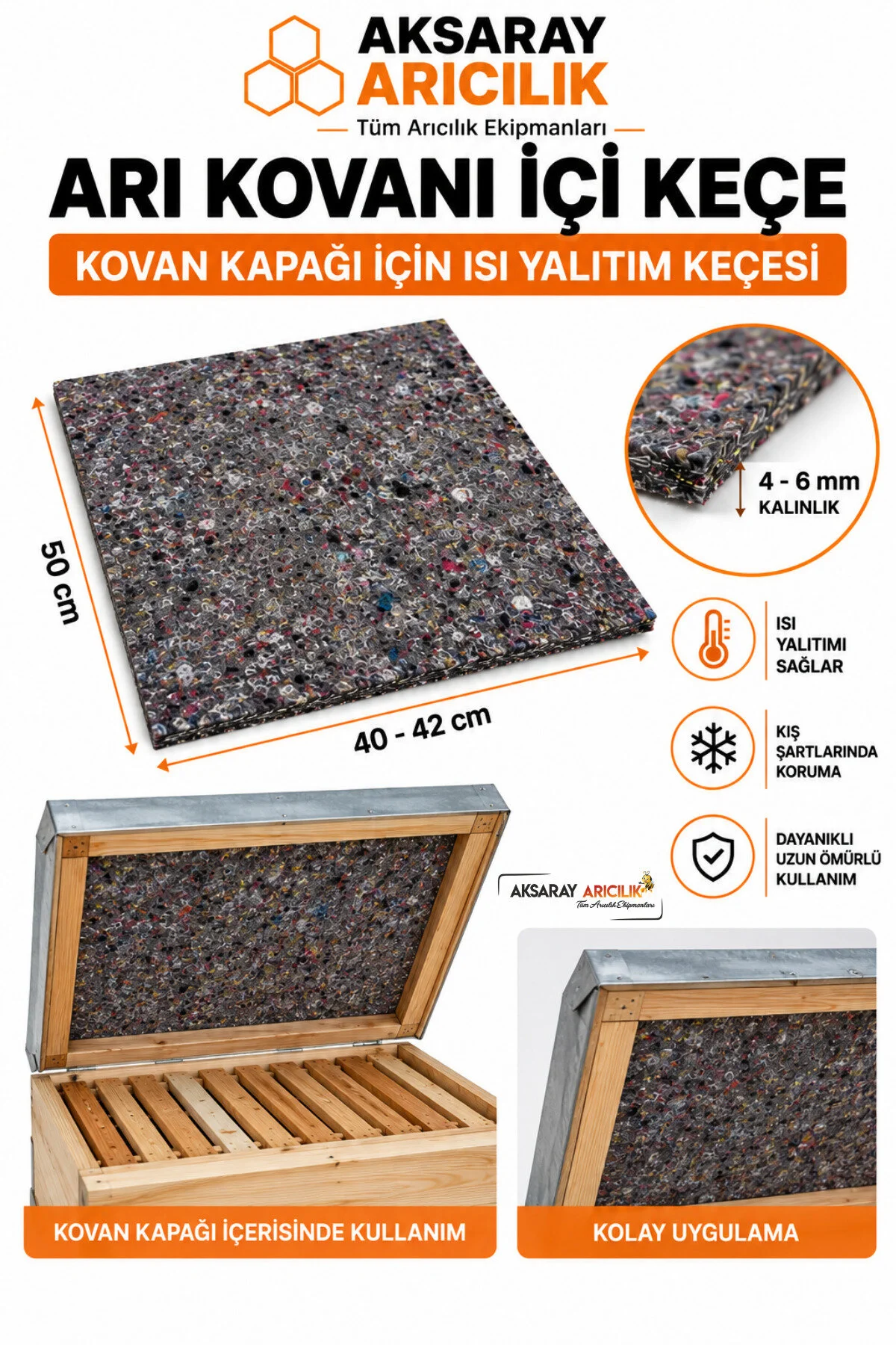 Arı Kovanı İçi Keçe Isı Yalıtım Keçesi 50x40-42 Cm 4-6 Mm Kalınlık Arıcılık Yalıtım Malzemesi