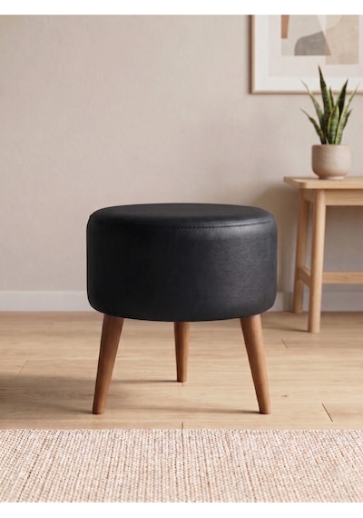 Modern Siyah Deri Puf Tabure Ahşap Ceviz Ayaklı Yuvarlak Puf 40x42 Cm