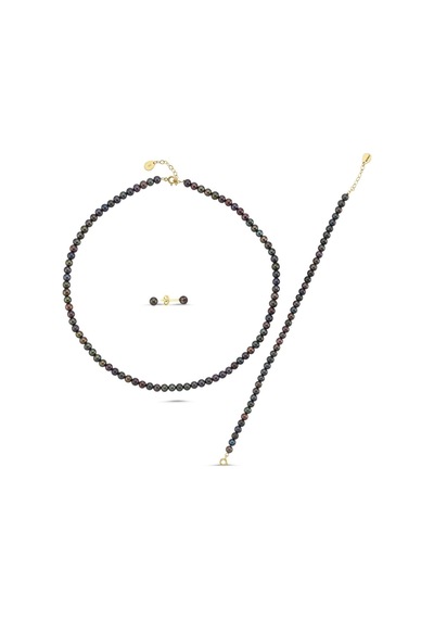 7,5 Mm Siyah Doğal İnci Sıralı Kolye Bileklik Küpe Üçlü Set 40 Cm / Sarı Gümüş