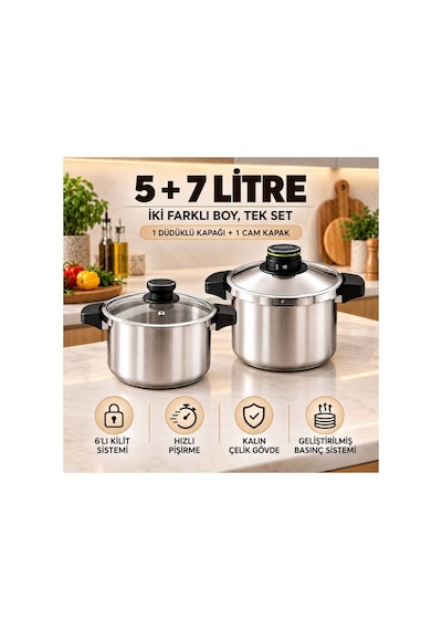 Quıck&safe Düdüklü Tencere Seti 5+7 Litre Çelik