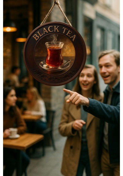 Black Tea Temalı Yuvarlak Cafe Tabelası, Jüt İpli Ahşap Duvar & Kapı Dekoru, Barista Tarzı Süs
