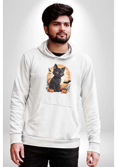Cadılar Bayramı Kedi Kadın Erkek Beyaz Kapüşonlu Sweatshirt Hoodie Beyaz