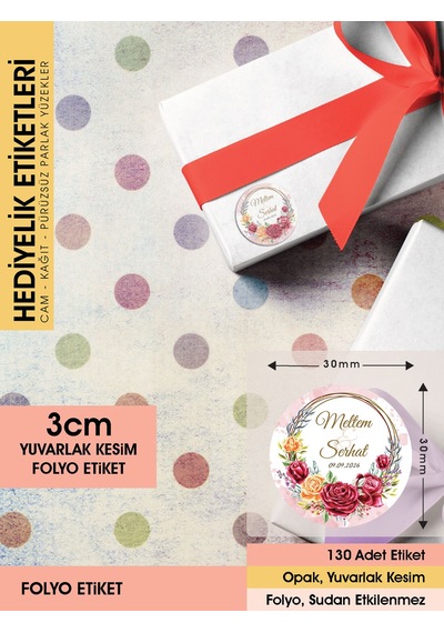 Kırmızı Gül Düğün Etiket Modeli Ürünlerinize Öze 3cm - 130 Adet Folyo Sticker Renkli