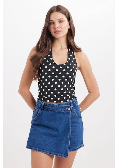 Tudors Kadın Standart Fit Normal Kesim Halter Yaka Kolsuz Puantiyeli Siyah Bluz-50987