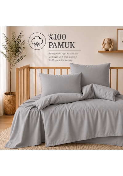 Lief Home %100 Pamuklu Sertifikalı Bebek Nevresim Takımı 100x150 63 Tel Dokuma Kutulu Gönderim Gri