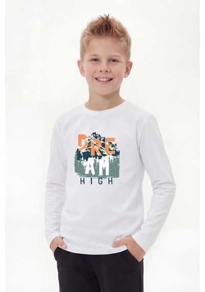 Panios Kids Yuvarlak Yaka Uzun Kollu Baskı Detaylı Erkek Çocuk Sweatshirt Beyaz