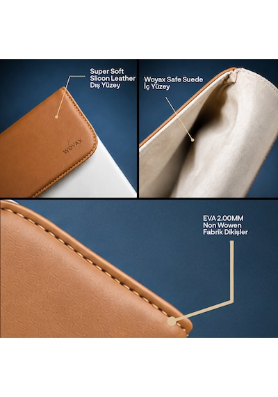 Woyax Cleanfit 13-14 İnç Gri Laptop Çantası Su Geçirmez Apple Macbook Uyumlu Kılıfı Apple iPad Tablet El Çantası Açık Kahverengi