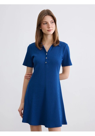Lc Waikiki Lacivert Polo Yaka Fitilli Peplum Mini Elbise