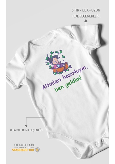 Altınları Hazırlayın, Ben Geldim Baskılı Bebek Zıbını Çıtçıtlı Body %100 Pamuk Kısa Kol Beyaz