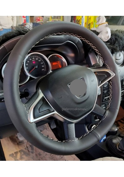 Dacia Duster Uyumlu Direksiyon Kılıfı Dikmeli Gri Ipli 38 11cm