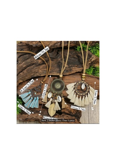 Yıwu Boho-chic 3 Parça Set: Vintage Esintili Püskül & Çiçek Kolye Ve Taşlı Aksesuarlar Kahverengi Tonları