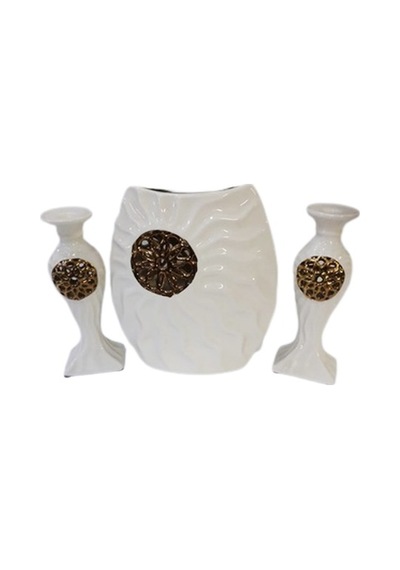 Vazo Porselen Ve Şamdan 3 Lü Set Beyaz-Beyaz-22X11Cm