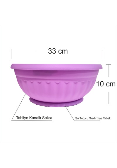 Büyük Mor Lila 33 Cm Çapında Yuvarlak 10 Cm Derin Tahliye Delikli Tabaklı Salon Balkon Aranjman Saksısı -