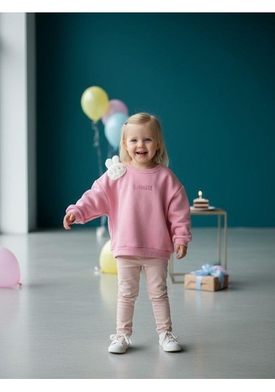 Kız Çocuk Tavşan Detaylı Şardonlu Sweatshirt-16590 Pembe