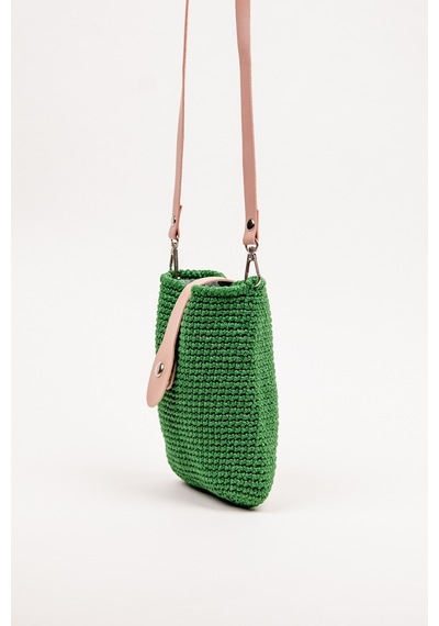 Fabric Craft Bag Çapraz Askılı Kadın Omuz Çantası Floş İplik Örgü Küçük Çanta Yeşil - Pembe
