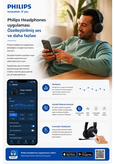 Philips TAH8507BK ANC Pro Mikrofonlu Kulak Üstü Bluetooth Kulaklık